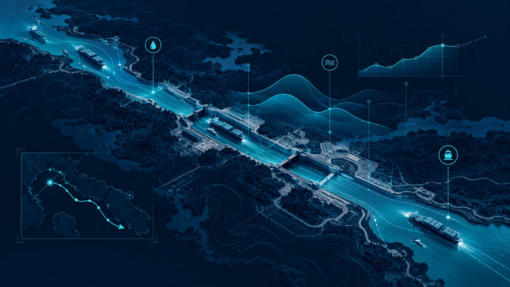 Conceptual Panama Canal intelligence illustration showing water level, advisory and route planning overlays