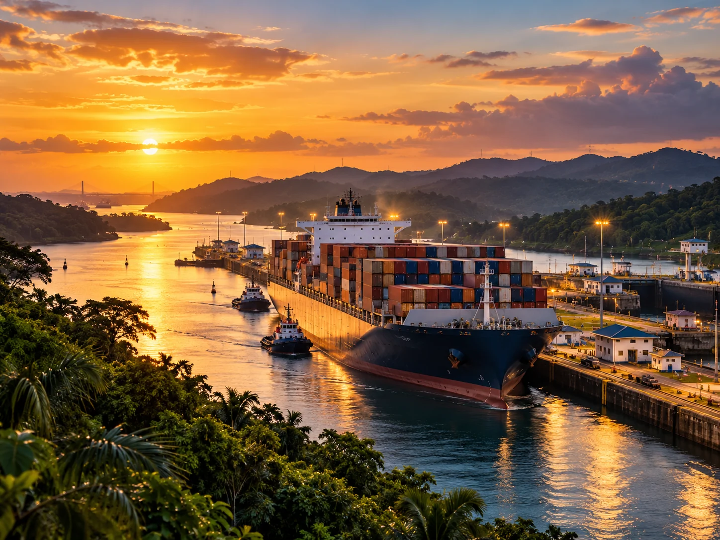 Container vessel transiting the Panama Canal at sunset