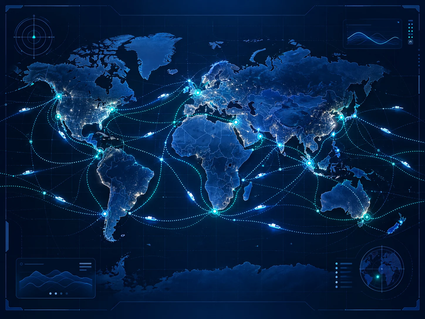 Illustrative world map showing maritime routes and route intelligence pathways